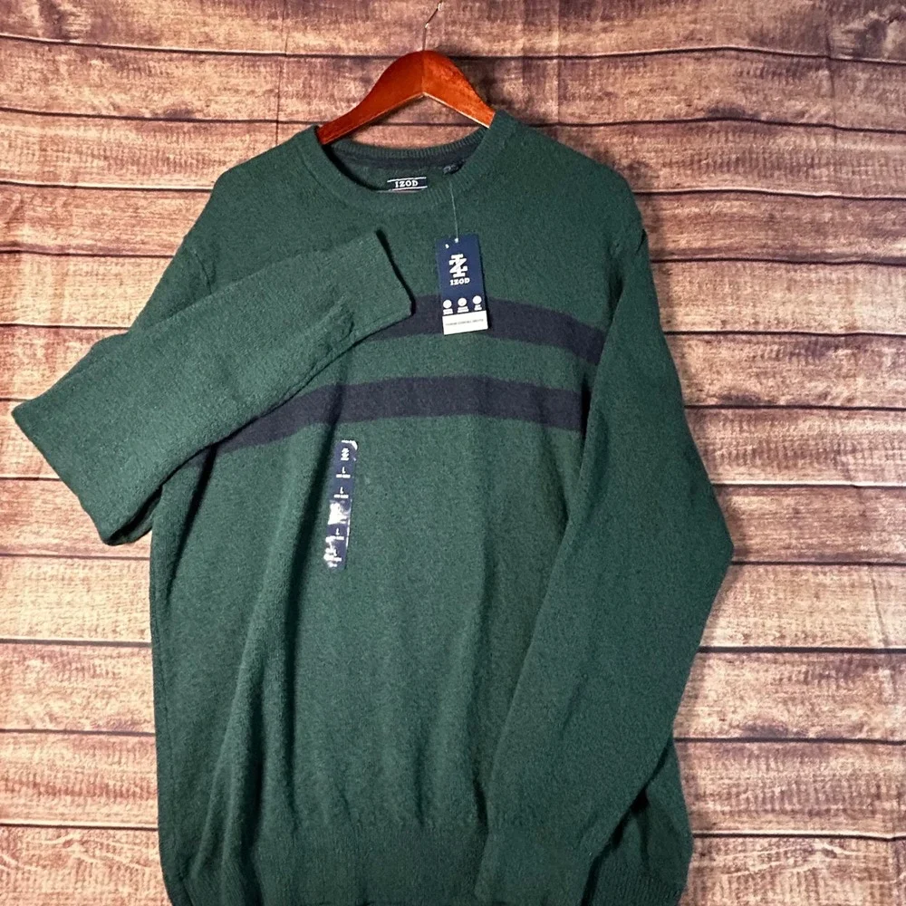 IZOD Mens Premium Essentials Crew Neck Striped Sweater Rain Forest Green Large